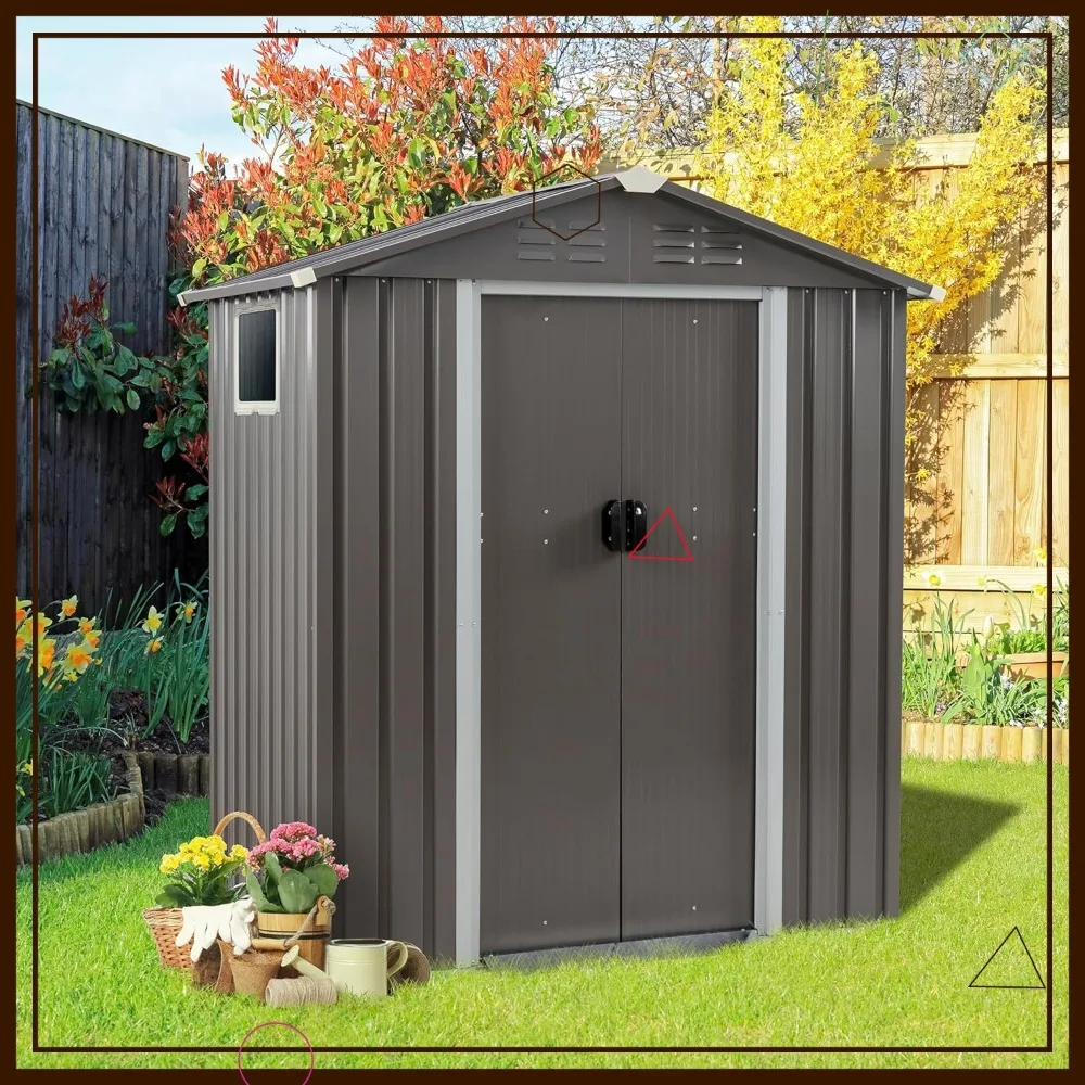 

Металлический сарай для хранения на открытом воздухе 5x3x6 футов с окном и запираемой дверью, водонепроницаемый садовый сарай для заднего двора и патио