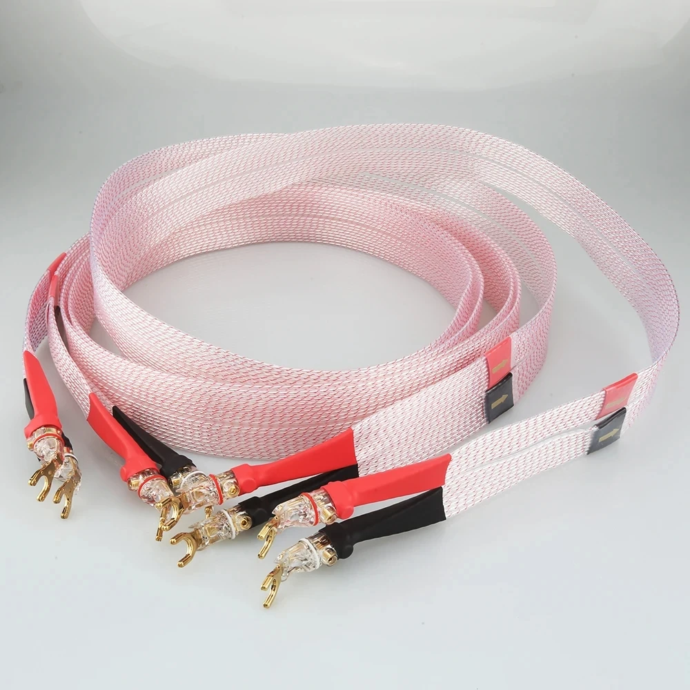 Kabel głośnikowy 7N OCC miedziany posrebrzany hifi płaski przewód głośnikowy z konektorem bananowym 45 stopni Y wtyk widełkowy