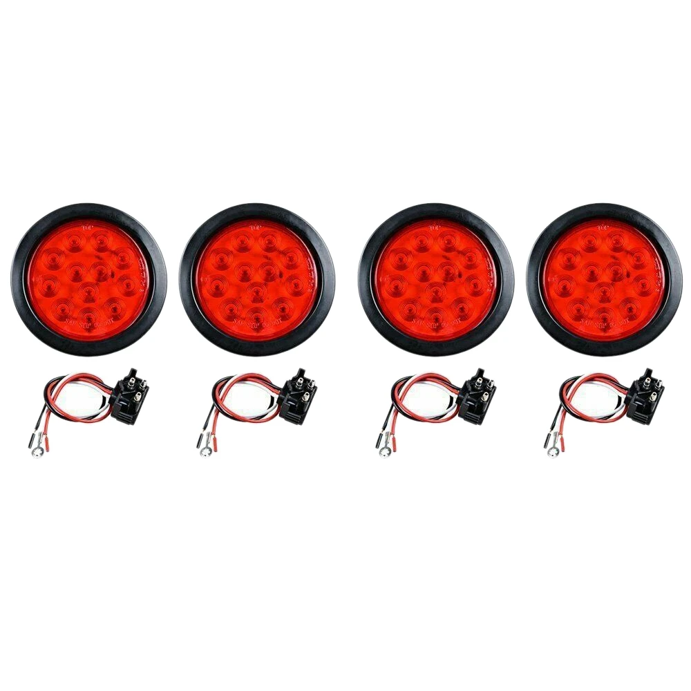 

4Pcs 4Inch Round 12 Red Led Trailer Tail Lights Truck Stop Brake Lamp with Grommet