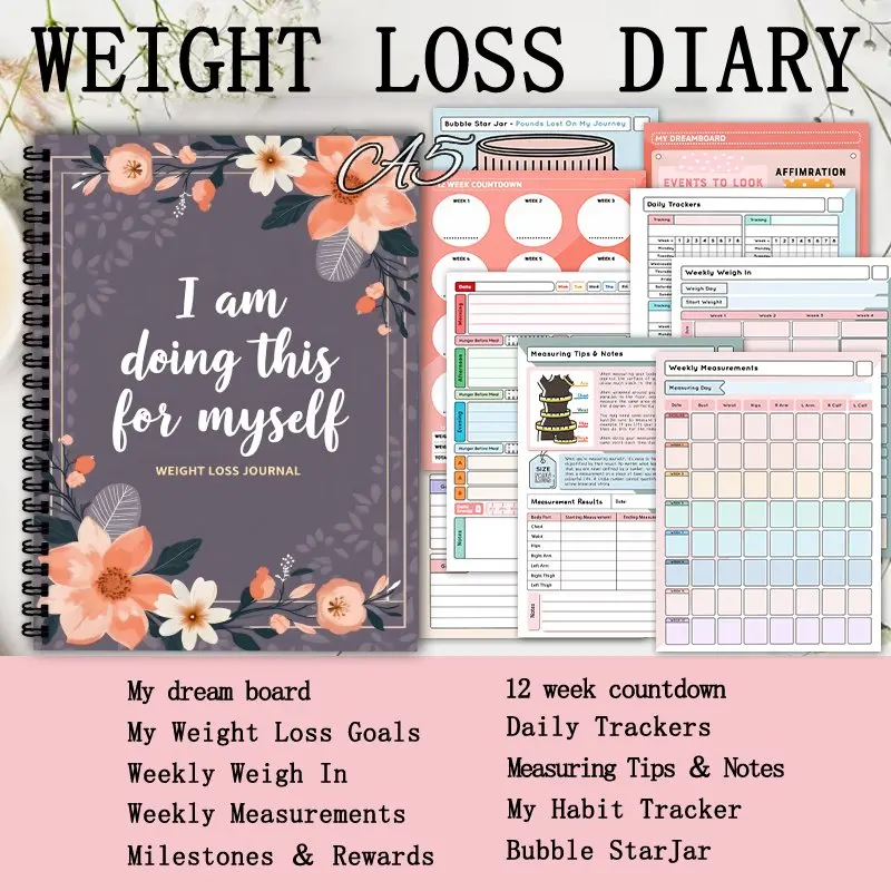 A5 Weight loss diary, daily activity tracker, Exercise diary, diet tracking, and goal setting exercise plan for family use. view 4