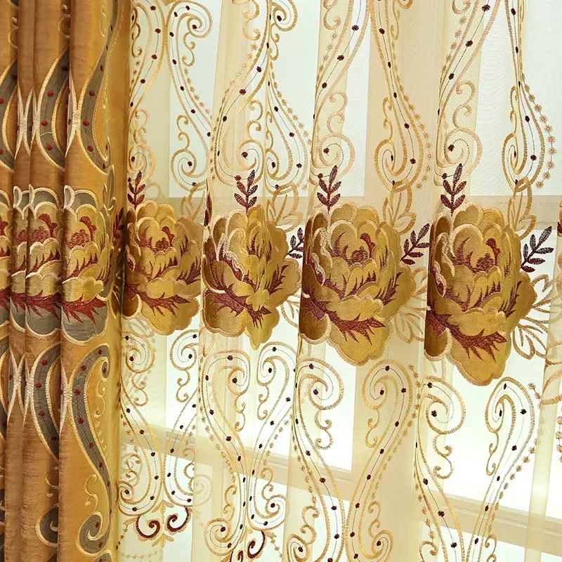 

Customized Golden Brown Embroidered Window Screen Hollowed Out Velvet Curtains For Living Room Bedroom Window Balcony Villa