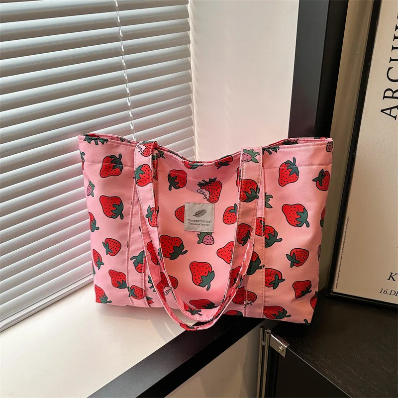 Fashion Small Fresh Strawberry Cherry Printed Tote Bag 2024 New Large-capacity Foreign Floral Shoulder Women's Bag