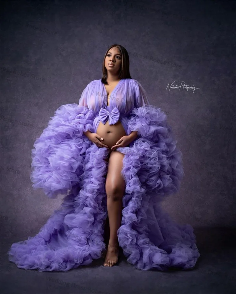 Purple Maternity Dress Photography Sexy V Neck Bride Robe Long Sleeves Tulle Pregnant Prom Gowns Customized For Photo