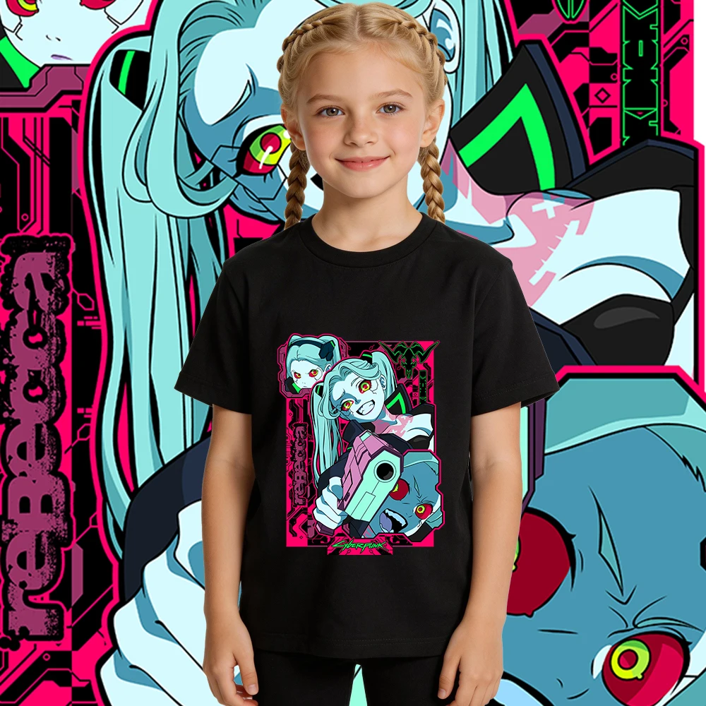 Camiseta de algodón suave con estampado de anime Cyberpunk Rebecca para niños y niñas, ropa informal de uso diario, Top de manga corta