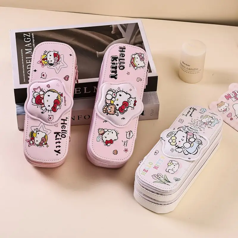 

Sanrio Hello Kitty Pu Waterproof Double Layer Double Zipper Pencil Case Large Capacity Stationery Storage Girl's Birthday Gift