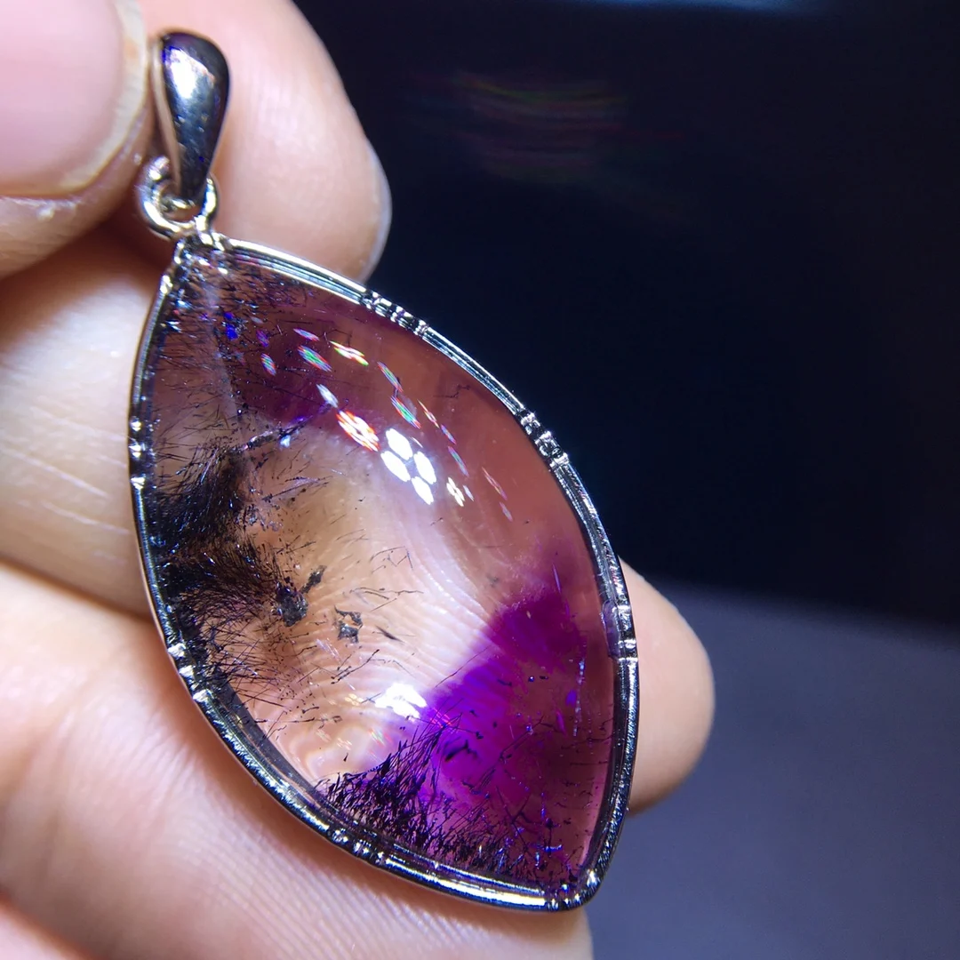 

Natural Purple Super Seven 7 Rutilated Quartz Pendant 31.7/17.6mm Water Drop Necklace Crystal Genuine AAAAA