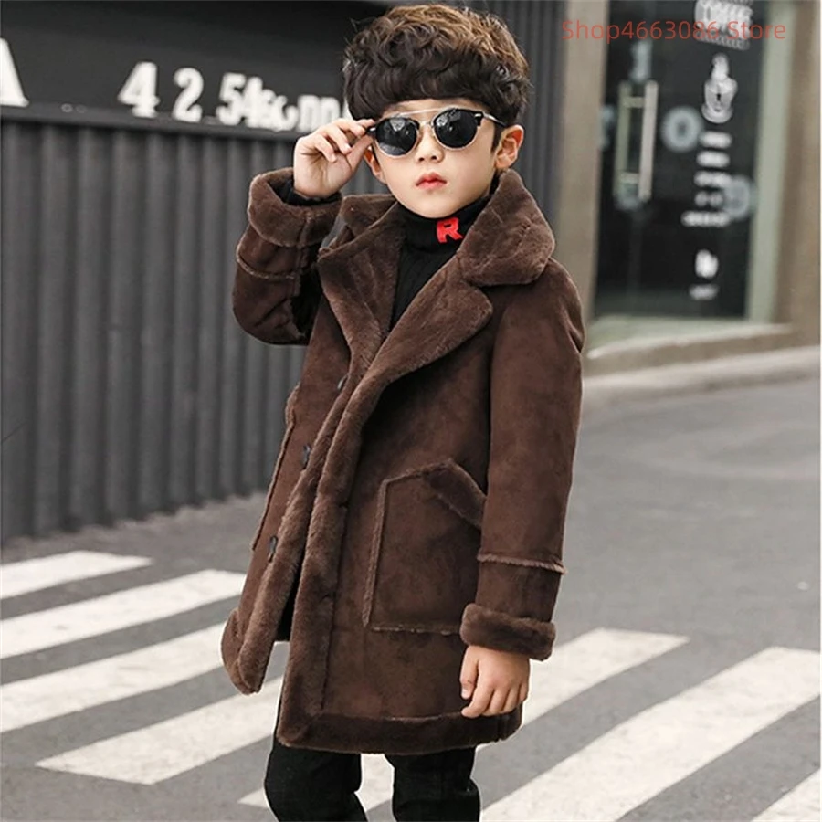 Boys Wool Coat Autumn Winter Children\'s Jacket Fashion Turn Collar Plaid Keep Warm Outerwear Teenage Clothes New 5-14Year