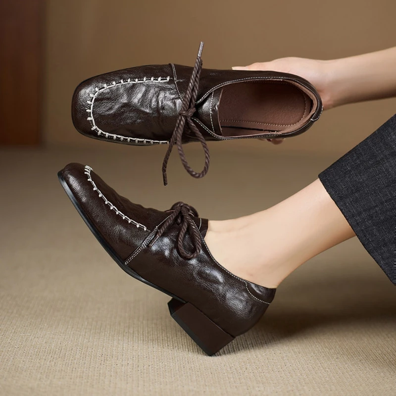 NEW Spring/Autumn Women Loafers Genuine Leather Shoes for Women Round Toe Low Heel Shoes Sewing Lace-up Women Pumps Daily Shoes