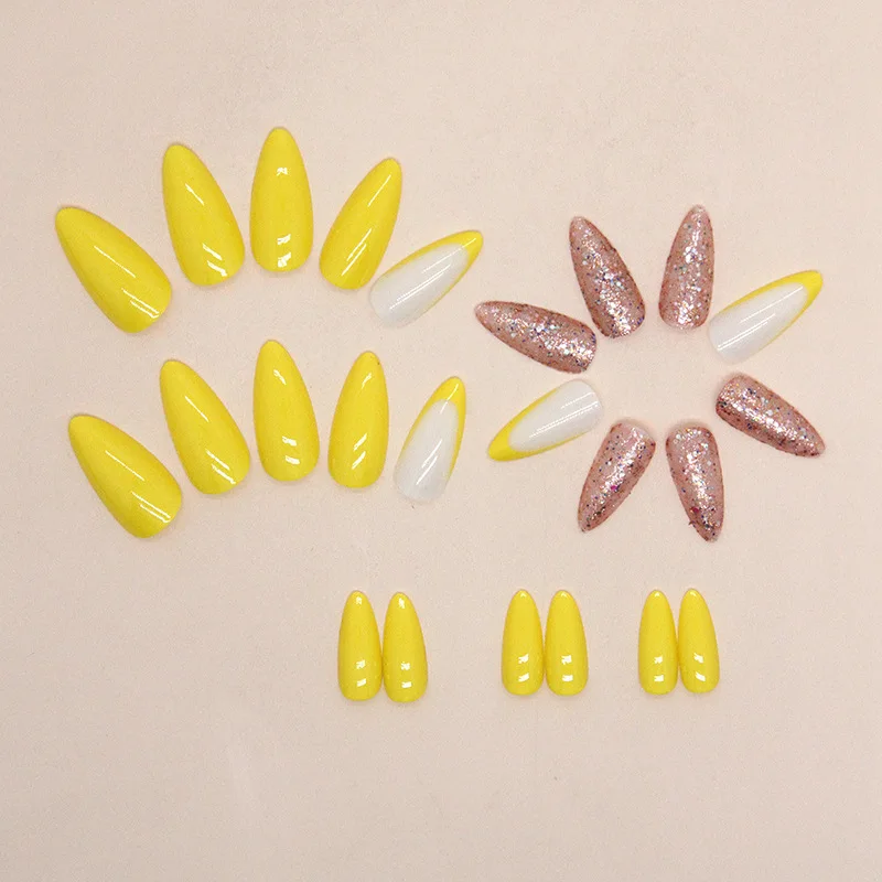 

24Pcs Medium-Length Almond Press-on Nails: Sparkling Pastel Yellow & Glitter White Solid Color False Nail For Women Girl