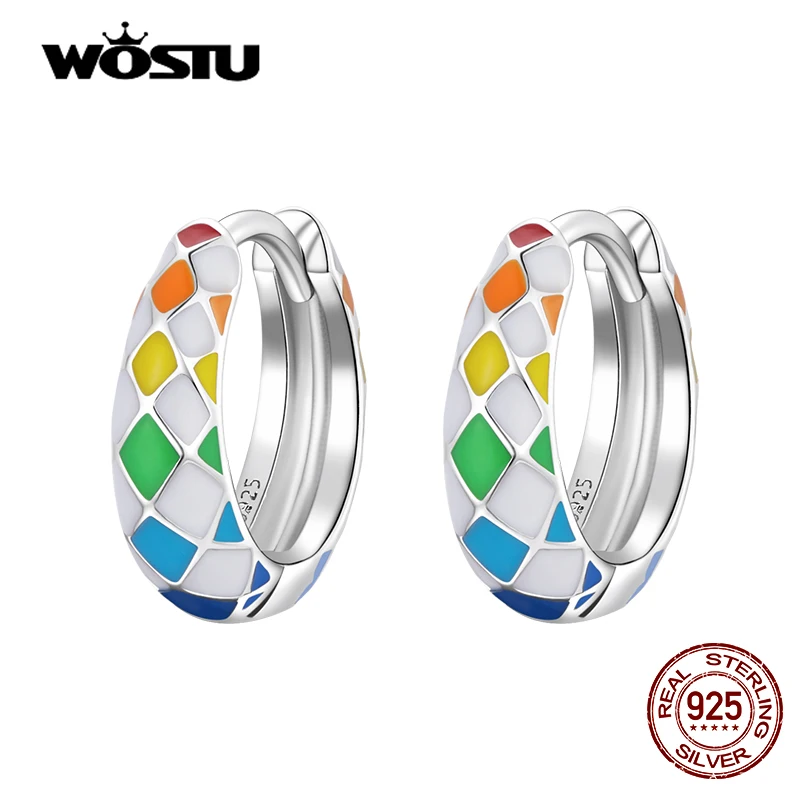 WOSTU 925 Sterling Silver Simple Rainbow Colorful Chequered Stud Earrings For Women Fashion Party Jewelry Gift CQE1351