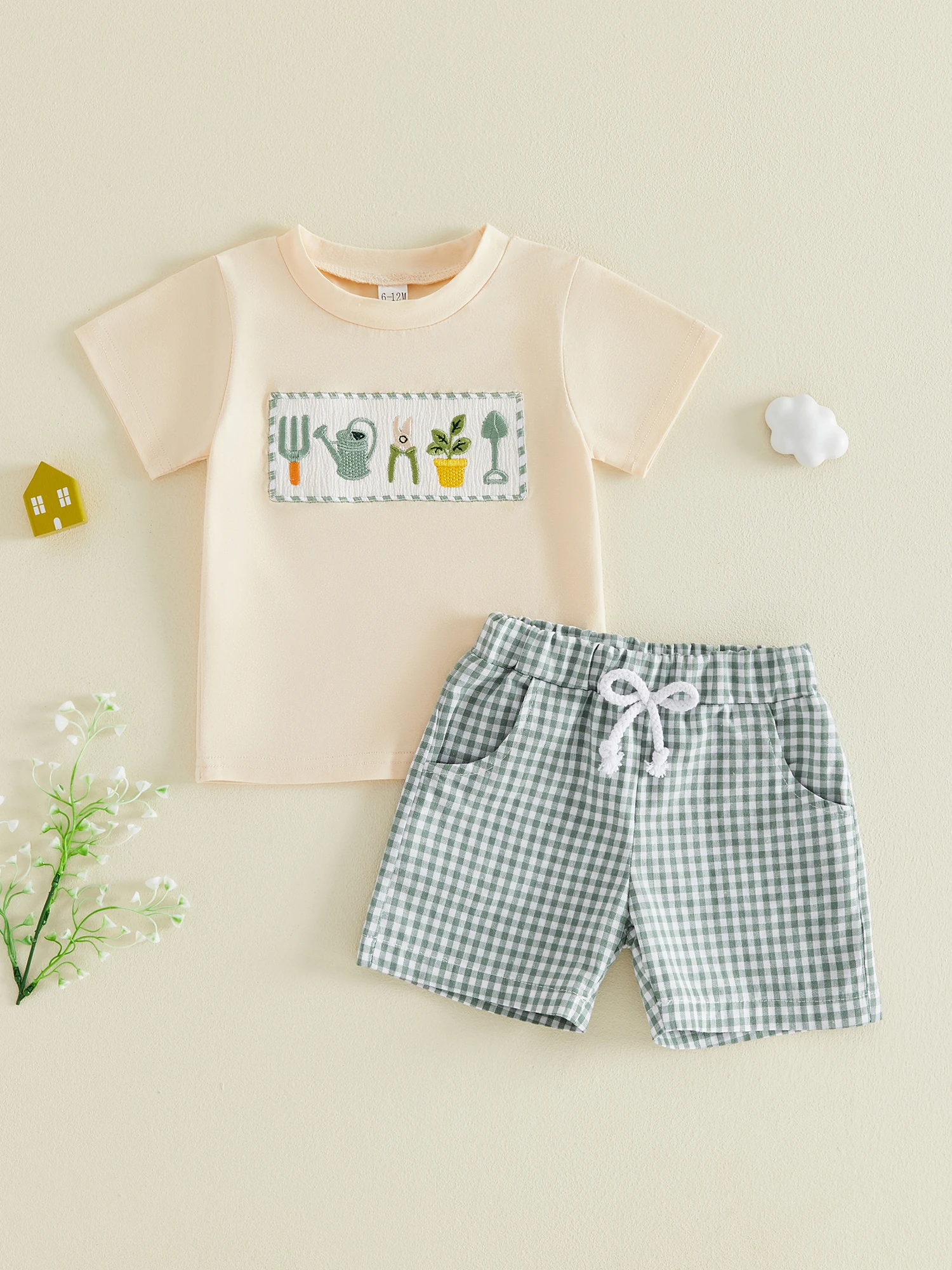

Adorable Infant Boys Stylish Short Sleeve Gardening Tool Embroidered Shirt with Matching Striped Shorts 2-Piece Ensemble