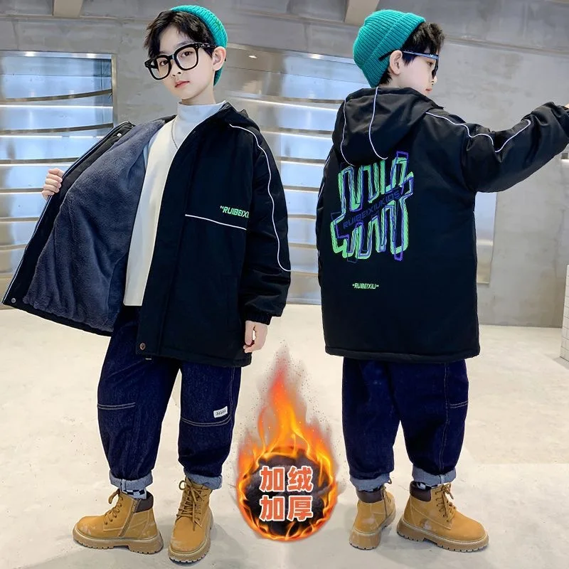 Boys Coat Jacket Cotton Outerwear Windbreak 2023 Hot Thicken Velvet Winter Warm Teenagers Children\'s Clothing