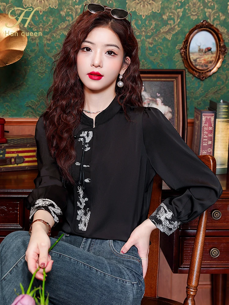 H Han Queen New Chinese Style Jacquard Women Blouse Vintage Tops Chiffon Long Sleeve Casual Office Shirts Women\'s Clothing Sales