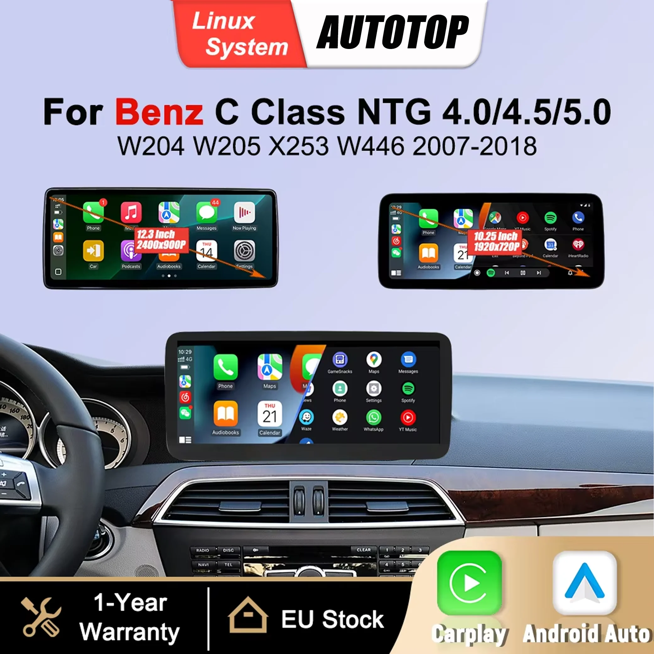 Autoradio multimédia Linux CarPlay pour Apple, 10,25'' et 12,3'', pour Mercedes-Benz Classe C W204 S205 C204 X253 W446 2007-2018, stéréo BT
