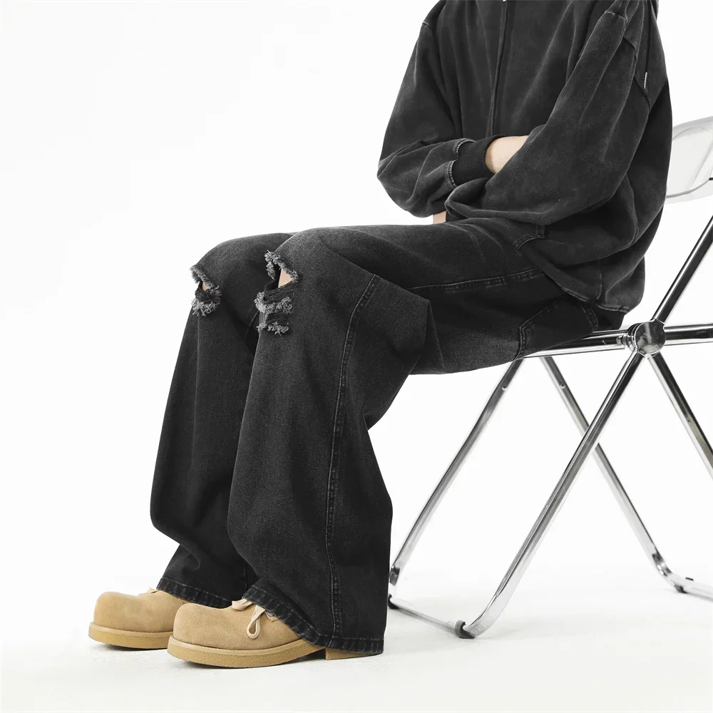 メンズハイストリートリップドジーンズ、ヴィンテージウォッシュ加工ダメージ加工ミッドライズストレートレッグカジュアルパンツ、韓国風ワイドレッグパンツ