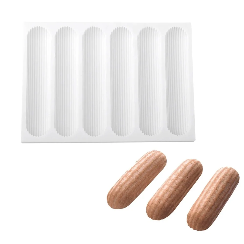 6-Cells Chocolate Eclair Dessert Bakeware Long Strip Puffs Baking Mold Finger Shaped Puff Pastry Mold Kitchen Silicone Bakeware