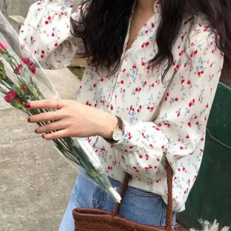 Blouses Women Elegant Floral Ulzzang V-neck Chic Autumn Ladies Clothes Top Long Sleeve Lovely Simple Sweet Popular Womens Blusas