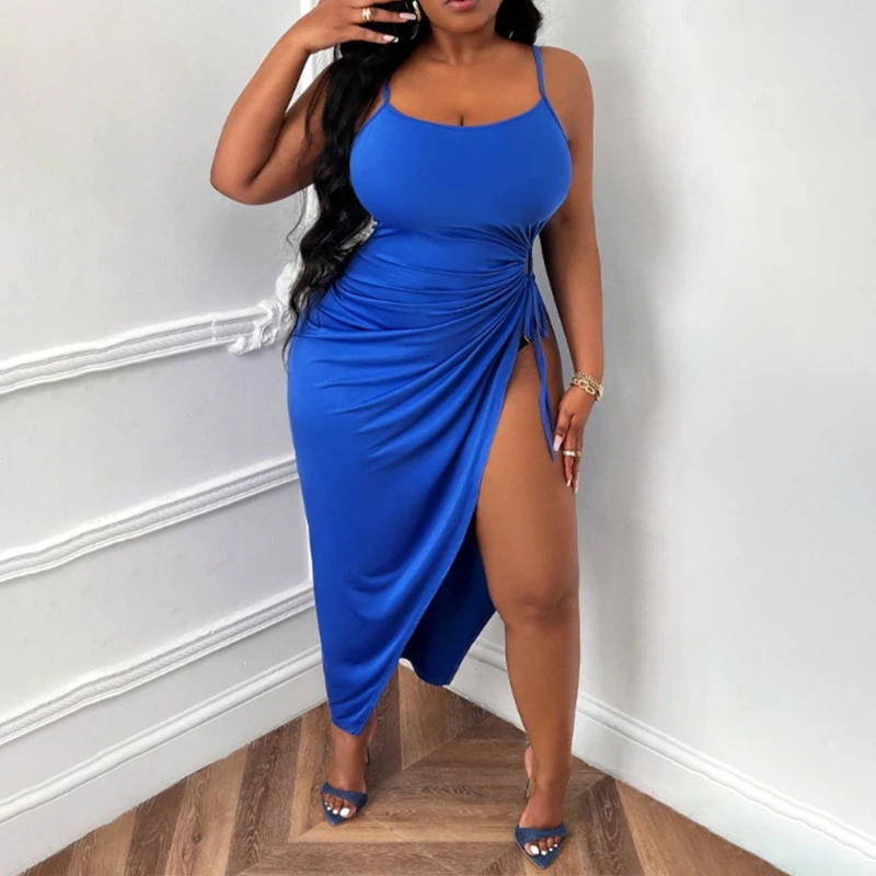 

Plus Size Summer Women Halter Sleeveless V-Neck Tie Up High Side Split High Waist A-Line Dress NightClub Party Dresses Vestidos