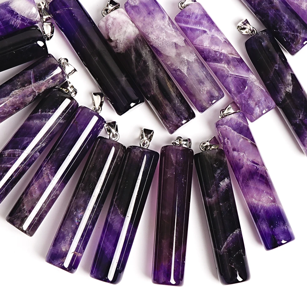 49x12mm Amethyst Cylinder Pendant Natural Crystal Stone Jewelry Necklace for Spiritual Healing Gift Wholesale Bulk Order