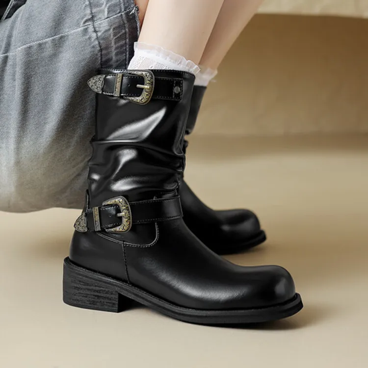 

Vintage Black Leather Women Autumn Boots Platform Punk Buckle Short Botas Side Zipper Rubber Sole Brown Pleated Knight Botines