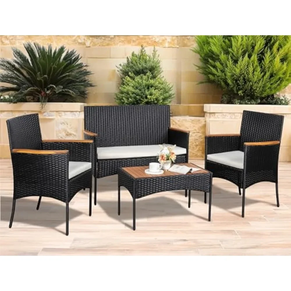 4 Pieces Patio Furniture Sets with Cushions and Table, Wicker Patio Furniture Sets