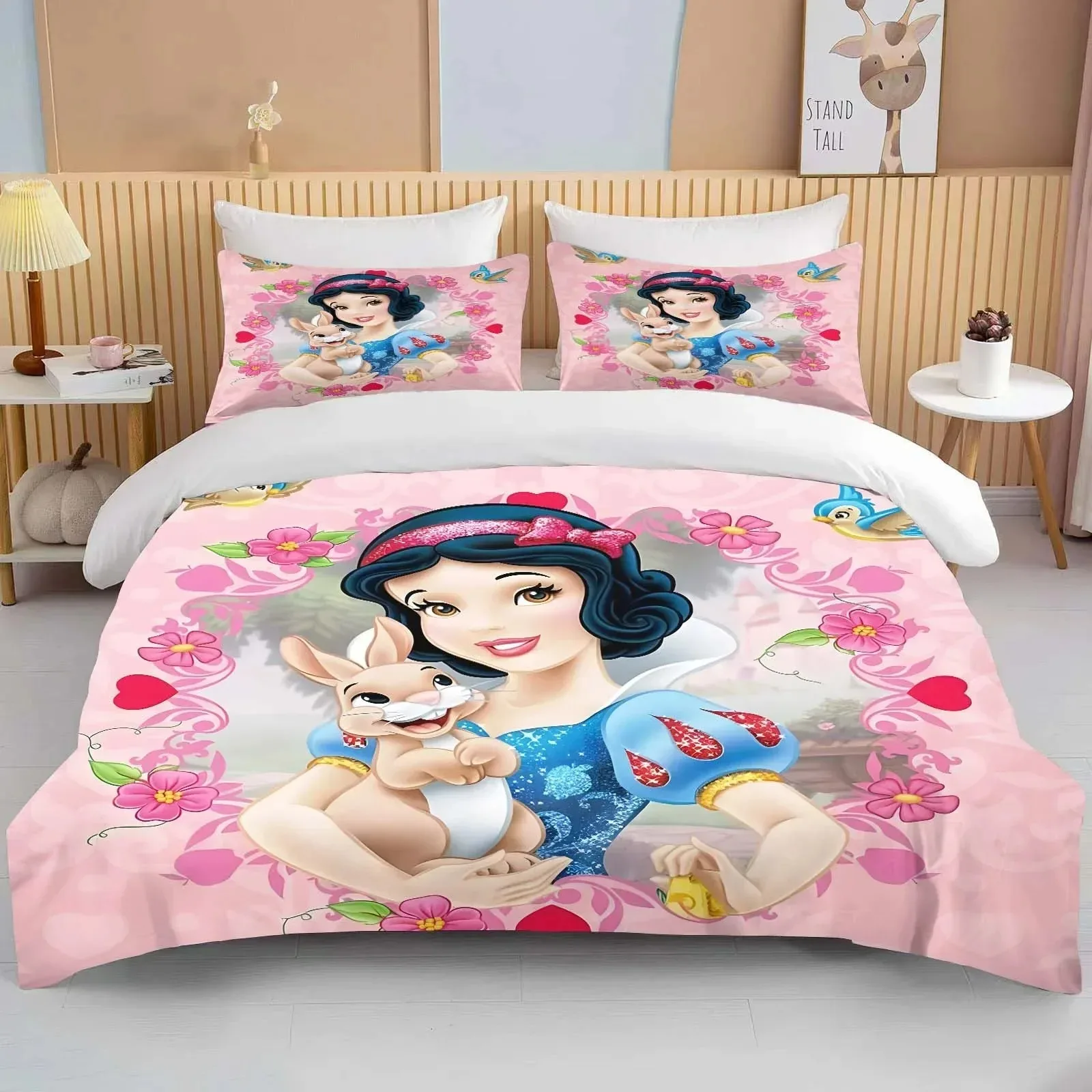 Disney Princess Snow White Bedding Set,Cinderella Ella Bed Cover,Ariel& Aurora Bed Cover,3D Children Rapunzel Bedding Set