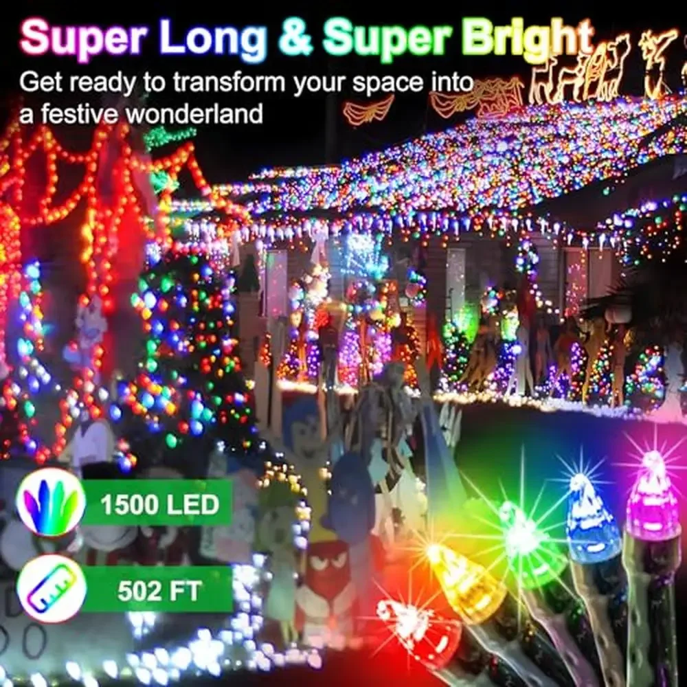 Super Long 1500 LED Christmas Lights 502ft Outdoor Waterproof String Lights Fairy Lights 8 Modes Timer Memory Dark Green Wire