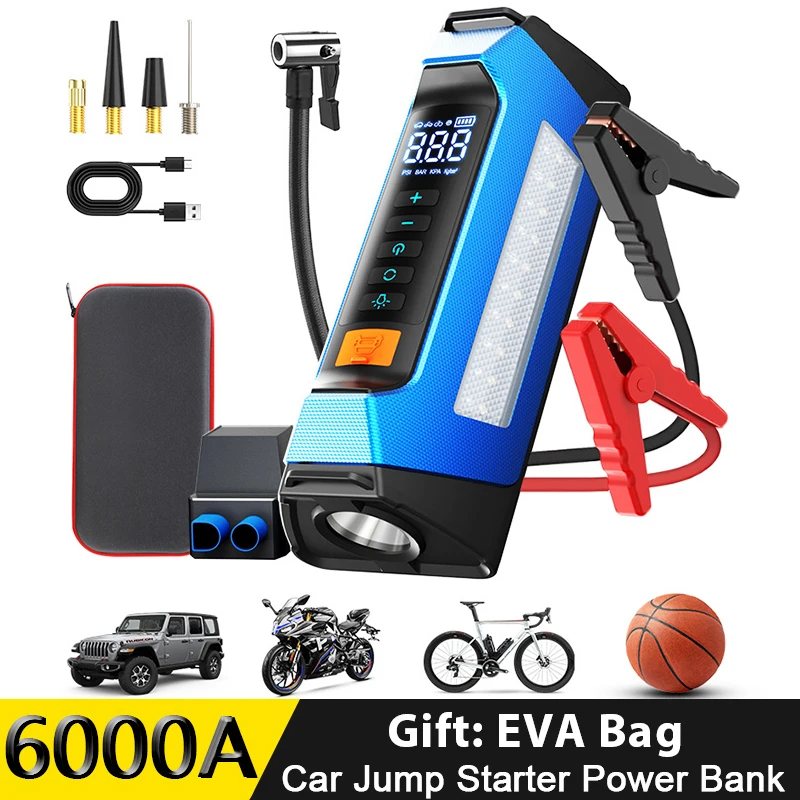 PSOOO 12V Jump Starter 6000A Car Jump Starter Car Battery Starter Air Pump Power Bank Lighting Portable Air Compressor With Bag