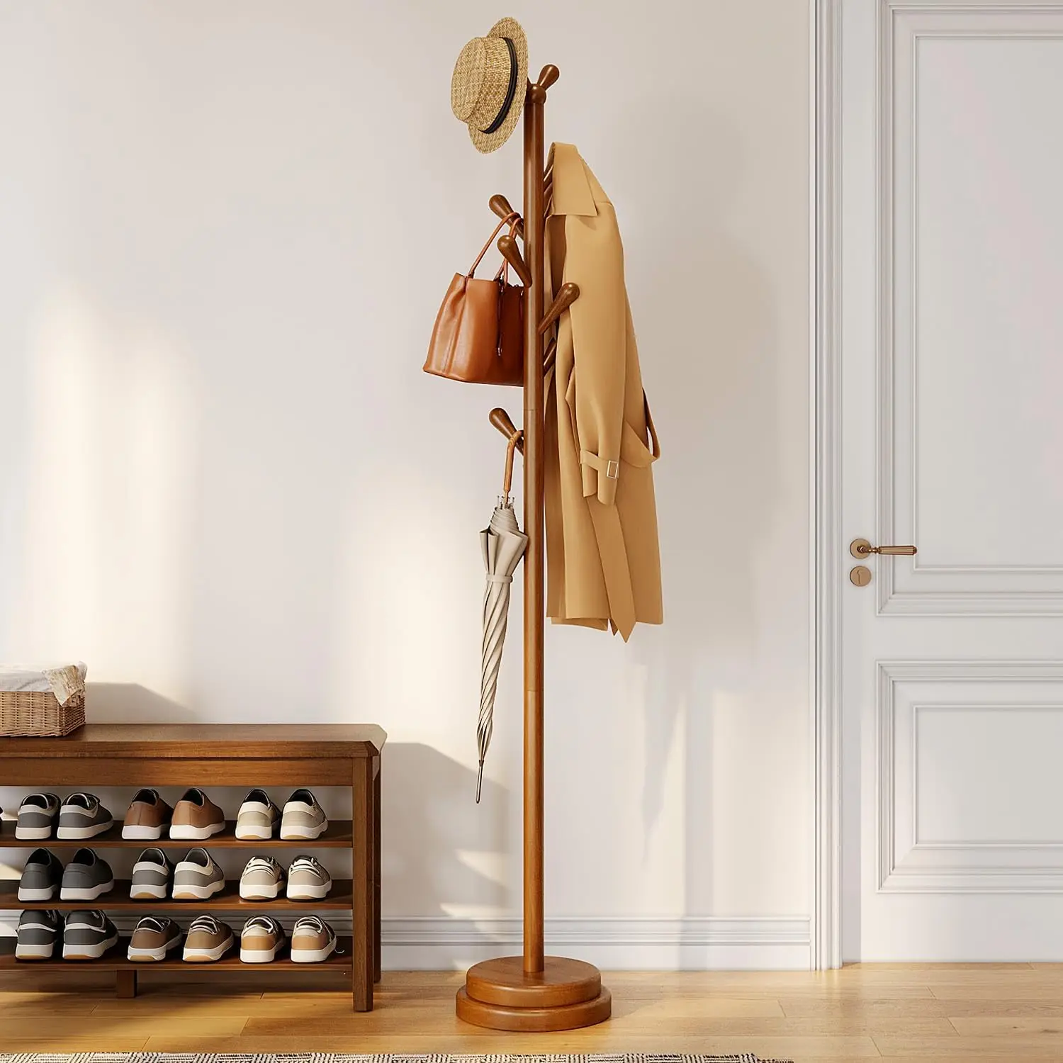 Freestanding Coat Rack, Solid Wood Coat Tree with 8 Smooth Rounded Hooks, Adjustable Height Heavy Duty Coat Rack with Dual-Layer Base