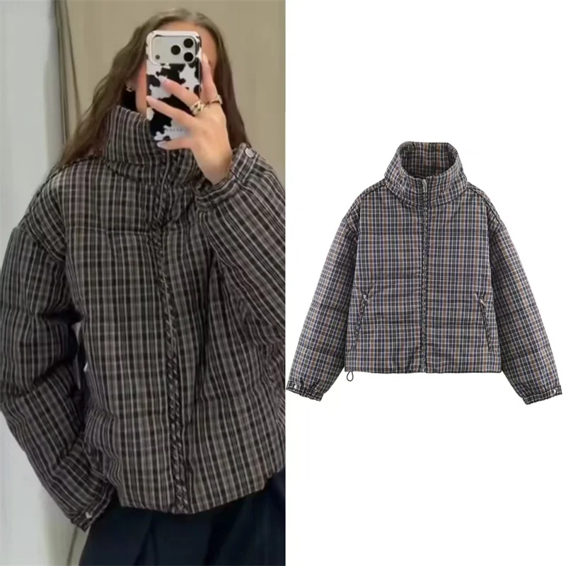 

Winter New Women's Casual Fashion Commuter Thick Loose Long Sleeve Stand Collar Plaid Cotton Jacket Short Jacket