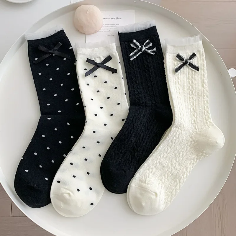 Early New Bow Socks Female Tide Retro Polka Dot Mid-calf Japanese Ballet Wind Pile Female Socks