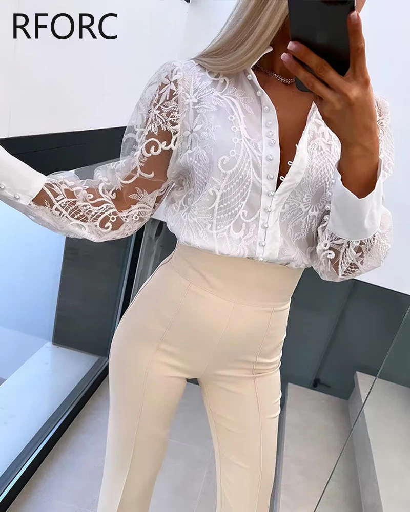 Chemisier à manches longues pour femme, bouton perlé, dentelle, fleur, creux, col rabattu, chemise, haut, 2024