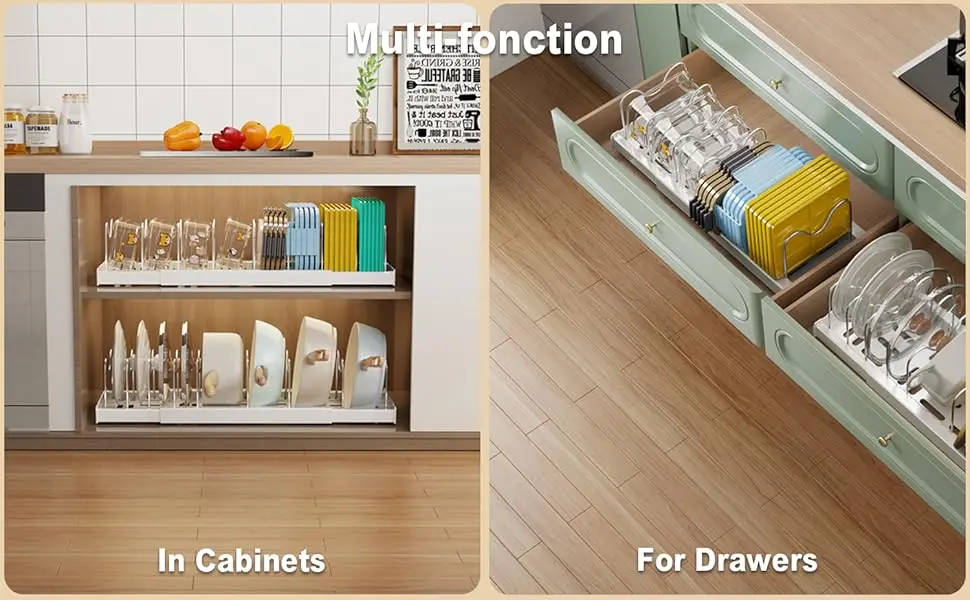 2 Pack Pots and Pans Organizer Under Cabinet, 22" Expandable Food Storage Container Lid Organizers with 9 Adjustable Dividers Pot and Pan Lid Holders Rack Inside Cabinet/Countertop(White)
