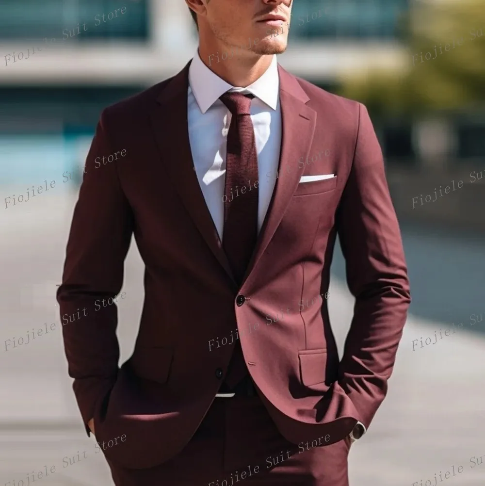 

Burgundy Men Formal Occasion Tuxedos Business Suit Groom Groomsman Wedding Party Prom Male Clothing 2 Piece Set Blazer Pants