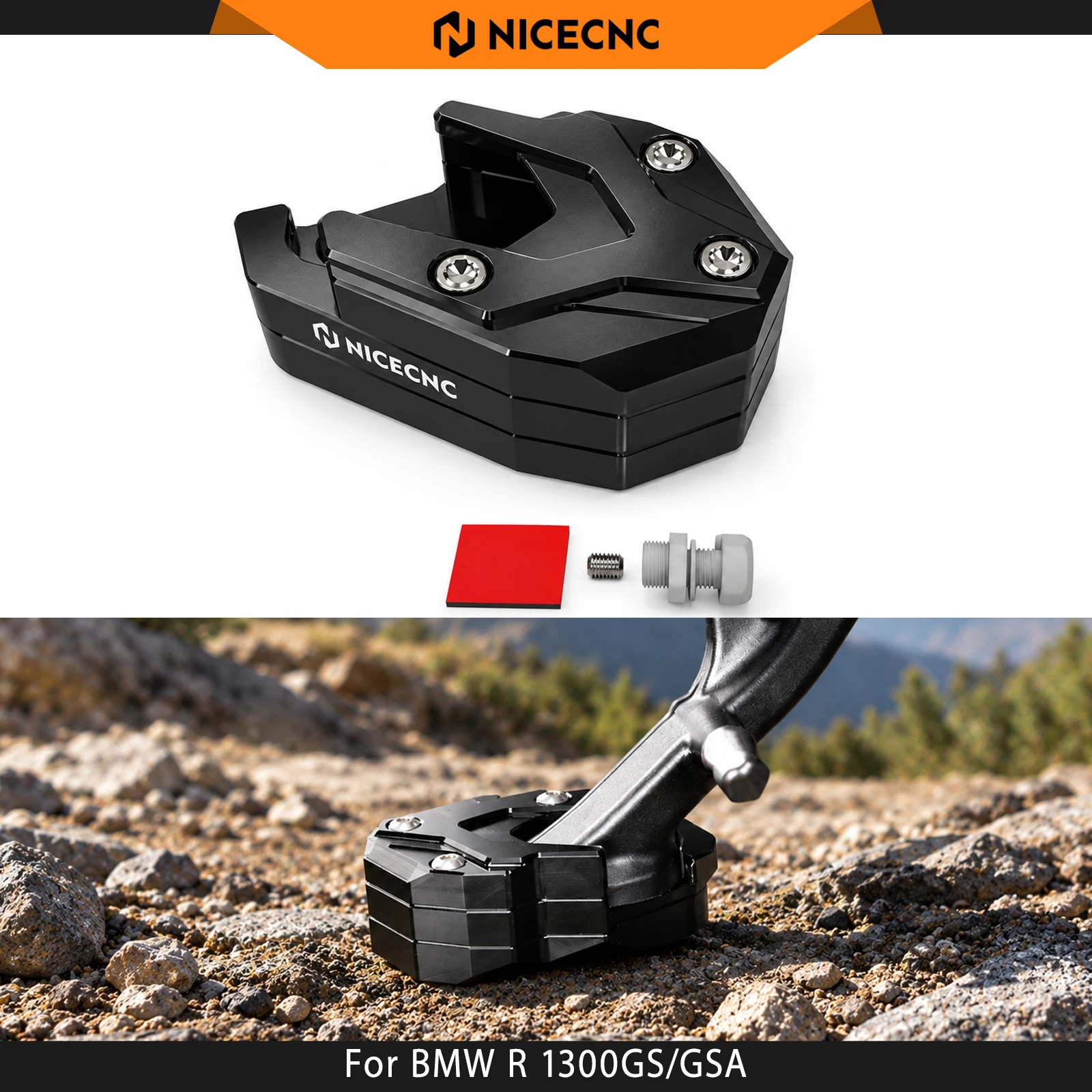 For BMW R1300 GS R1300 GSA 2024–2027 NICECNC Kickstand Extension Plate Side Stand Enlarger Pad R1300GS /Adventure 2024 2025 2026