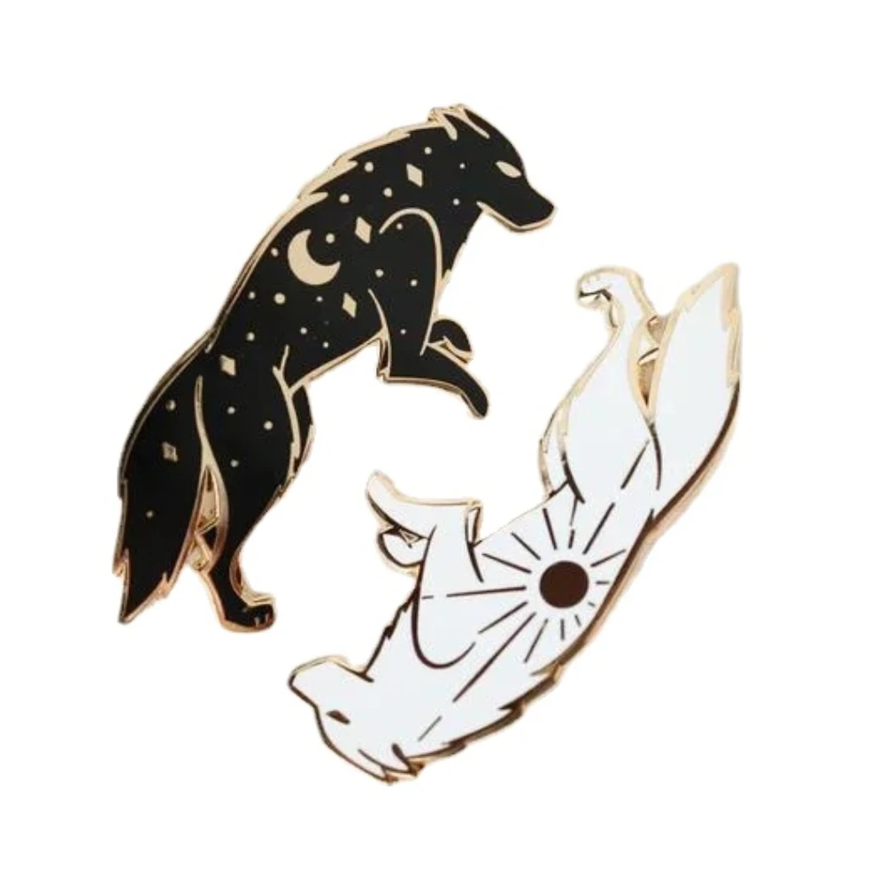 Sun and Moon Wolf Hard Enamel Pins Animal Badge Brooch for Jewelry Accessory