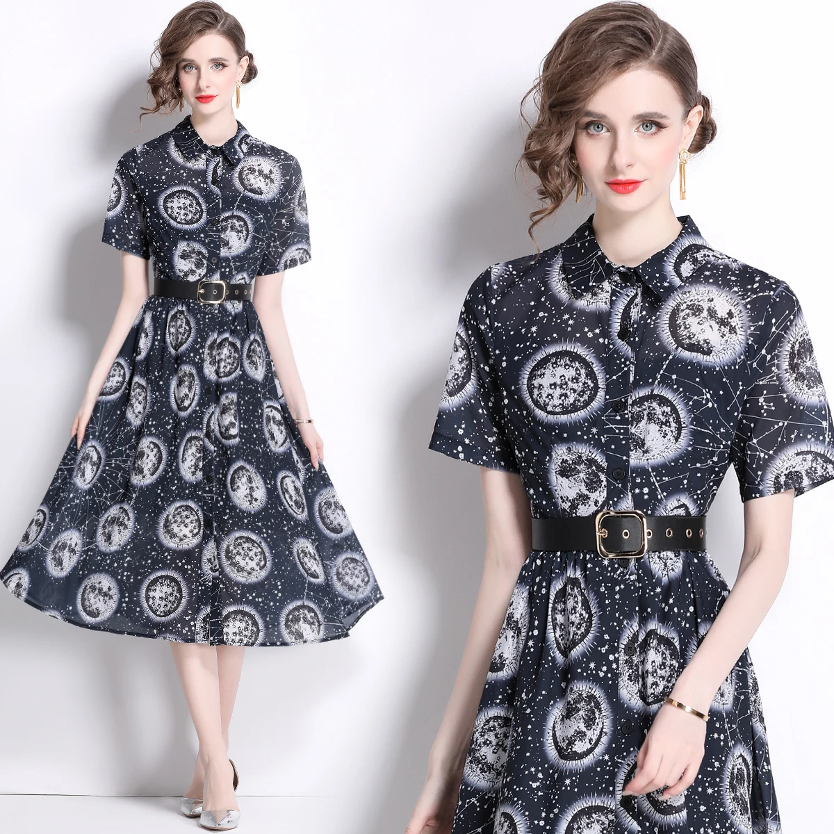 Vintage Runway Sommer hemd Kragen Kleid für Frauen Einreiher Blumen druck Kurzarm schwarz Chiffon Midi Kleid mit Gürtel