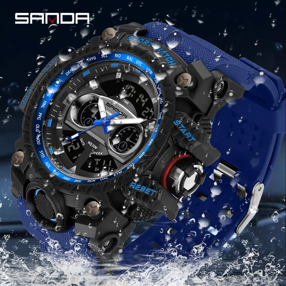 SANDA 3153 Men\'s Watches Sports Military Quartz Watch 50M Waterproof Dual Display Digital Wristwatch For Male Relogio Masculino