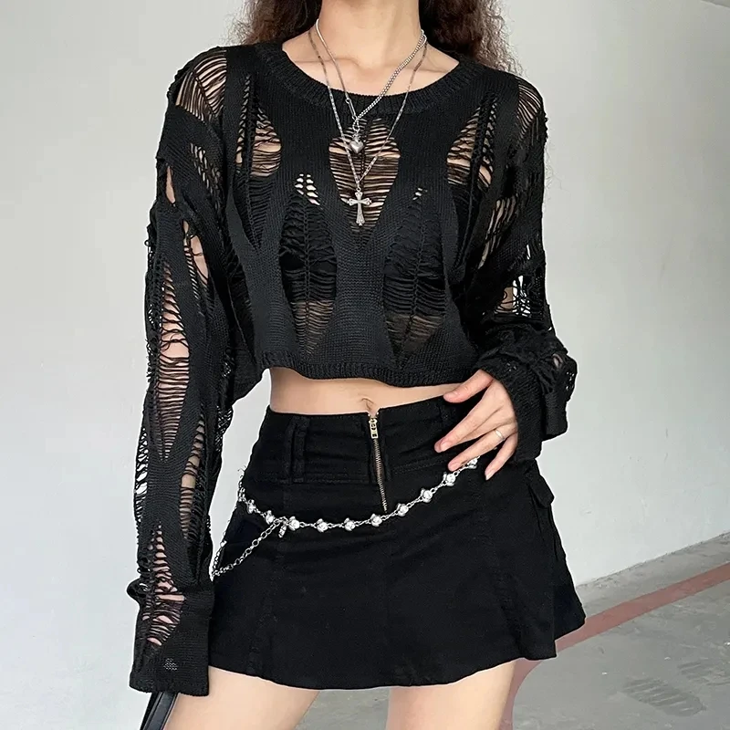 Hollow Out Pullovers Women Black Y2K Korean Fashion Solid Sexy Knitwear Streetwear Casual Loose Ladies Tops Gothic New