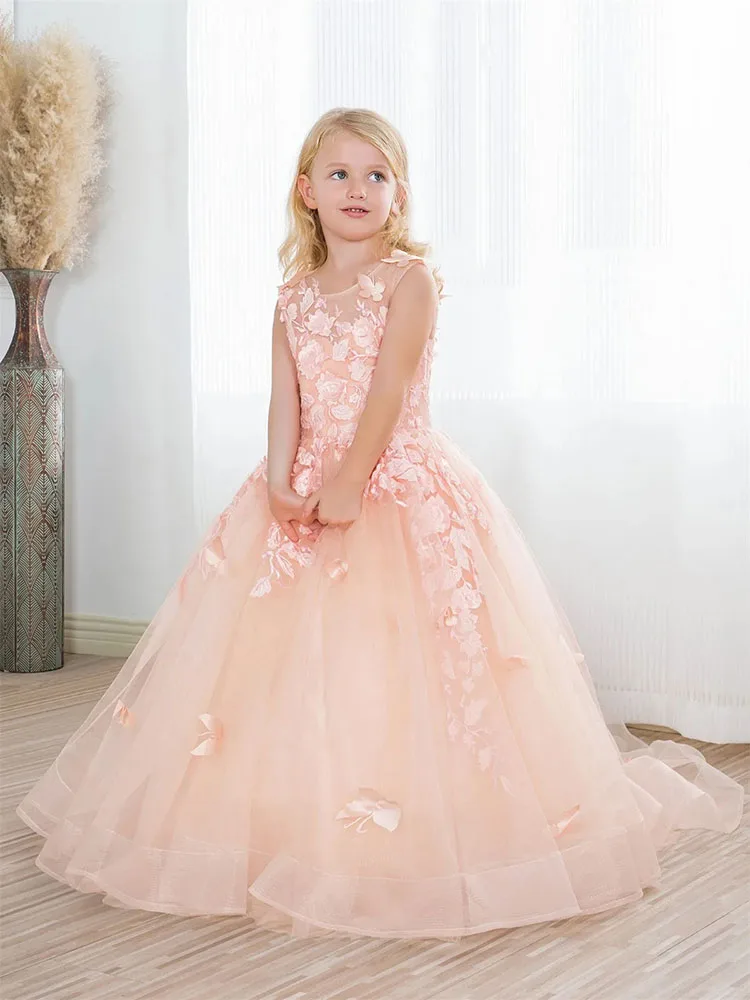 

Pink Flower Girl Dress For Wedding Tulle Applique Pearls Sleeveless Princess Child's First Eucharistic Birthday Party Dresses