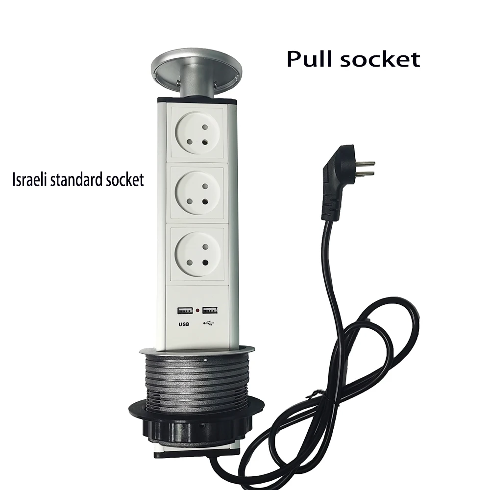 Israel Socket,USB Plug,AC 110v-250v, Silver/Black ,Aluminum Alloy Shell Material,Home, Office, Kitchen Hidden Lifting Socket,