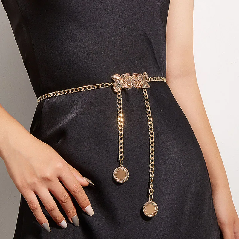 Fashion Ladies Golden Metal Thin Waist Chain Rose Flower Bow Square Round CD Buckle Belt Simple Hundred Matching Dress Suit Belt