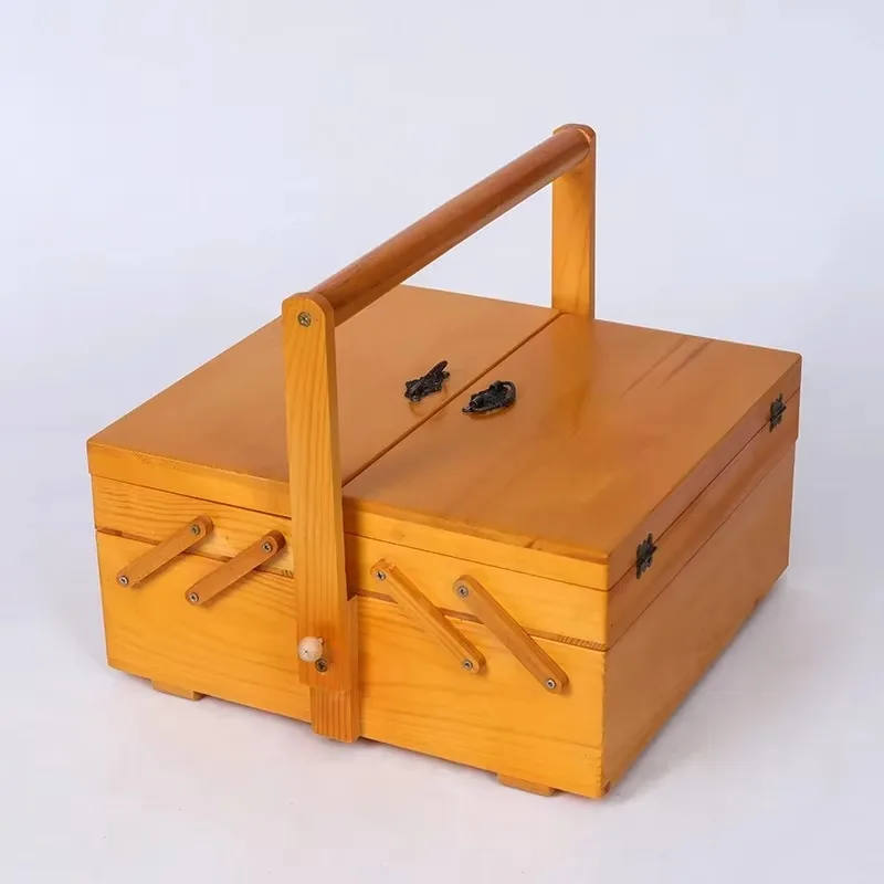 Wooden Sewing Box with Handle, Multipurpose Storage Organizer, Portable Cosmetic Case for Home Sundries Storage