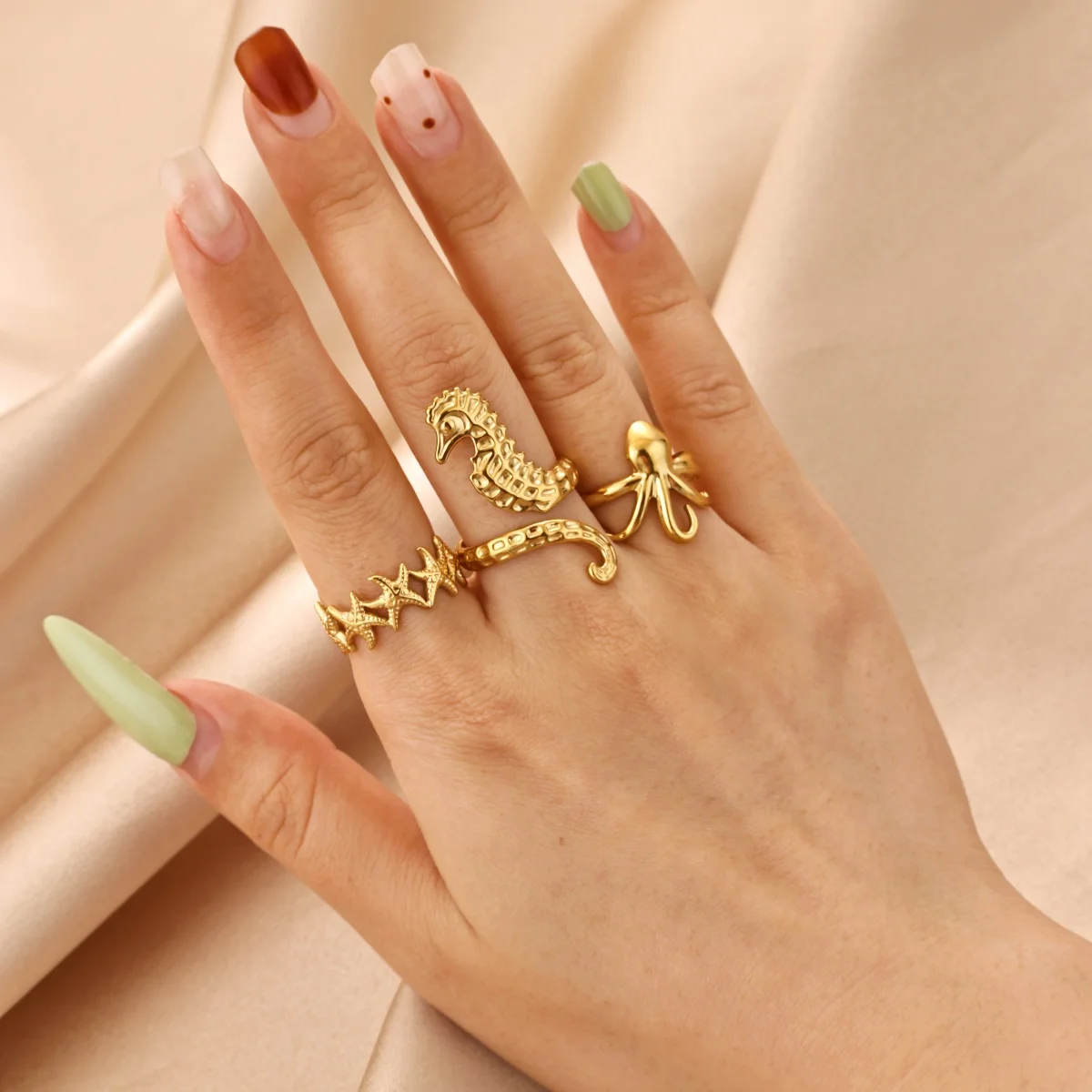 Stainless Steel Marine Life Rings For Women Men Gold Color  Adjustable Ocean Seahorse Octopus Starfish Ring Jewelry Summer Beach