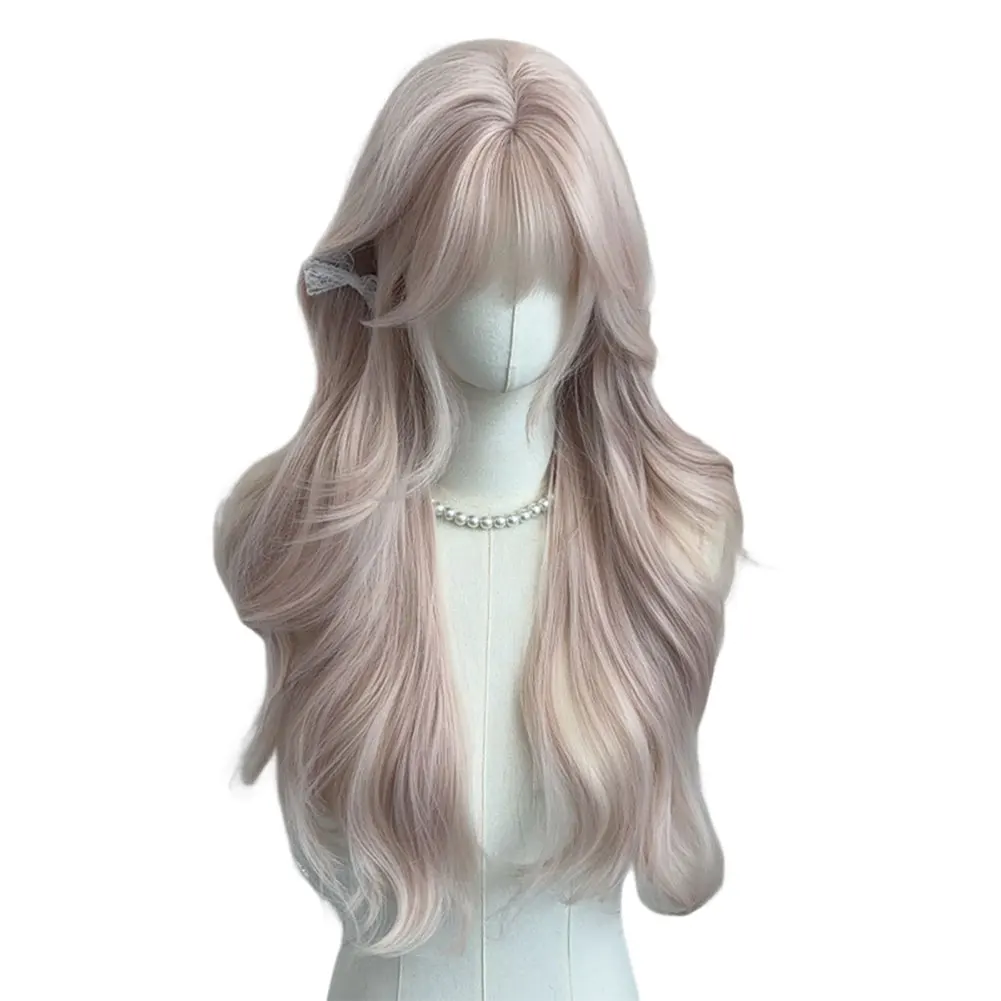 شعر مستعار اصطناعي طويل بلون رمادي طويل اللون مع بانجز طبيعية طويلة المتمثلة في حرارة شعر مستعار متمرب