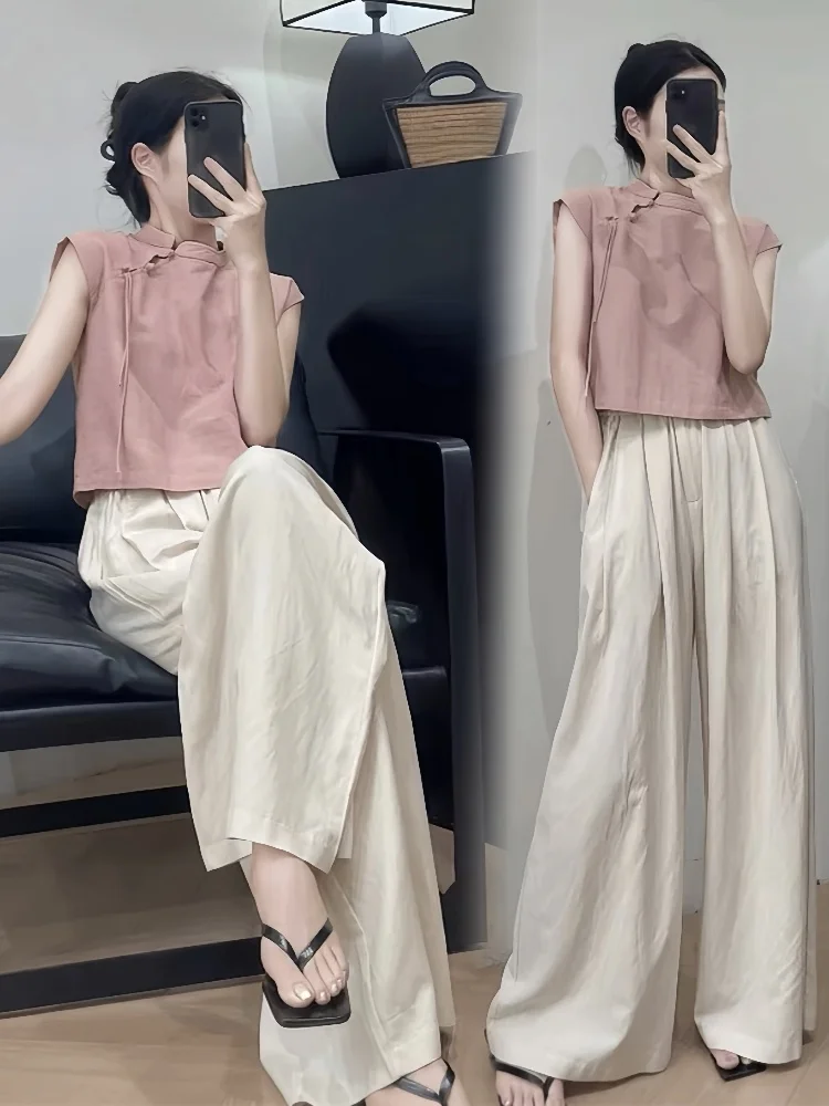 

New Chinese Style plus Size Women's Fashion Set Summer Slimming Top And Pants Two-Piece Suit Elegant Feel Short Sleeve Polyes...