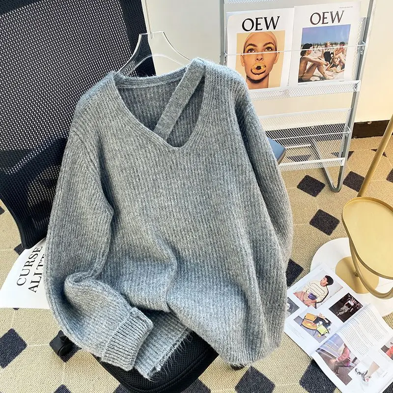 Design V Neck Knitted Sweater Lazy Style Koreanfashion Hollow Out Streetwear 2024 Trend Autumn Winter Warm Obersized Pullover