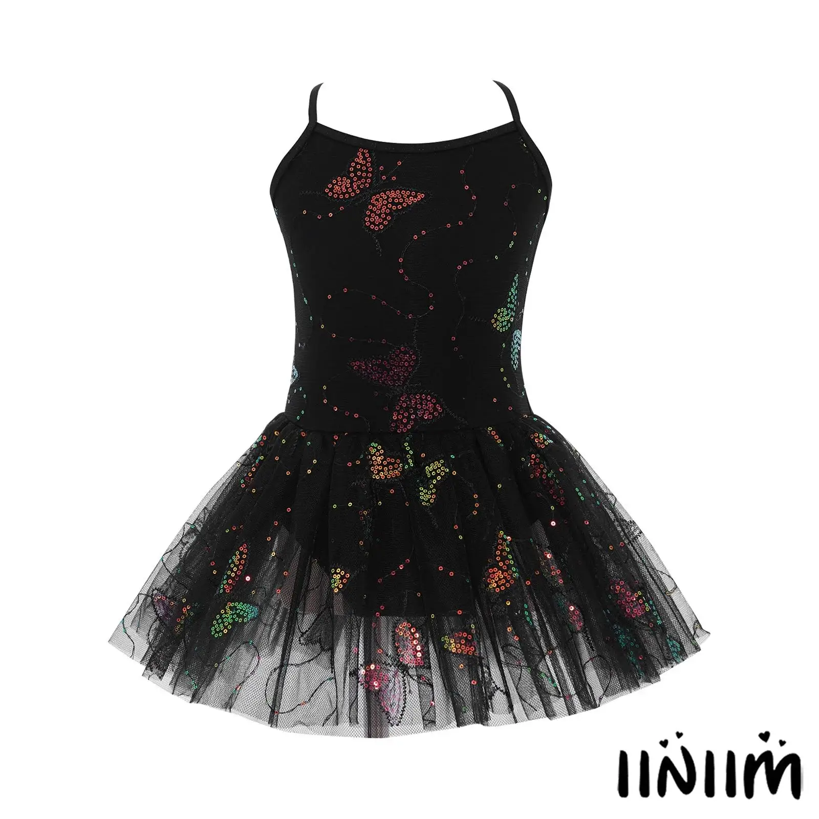 

Kids Ballet Performance Outfit Tutu Dress Shiny Sequin Butterfly Embroidery Cross Back Design with Built In Briefs for Recital