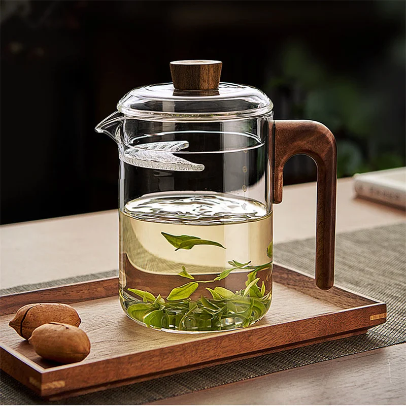 Théière en verre de thé vert résistant à la chaleur avec croissant, filtre à thé parfumé, brassage Hanle en bois, théière en verre, service à thé