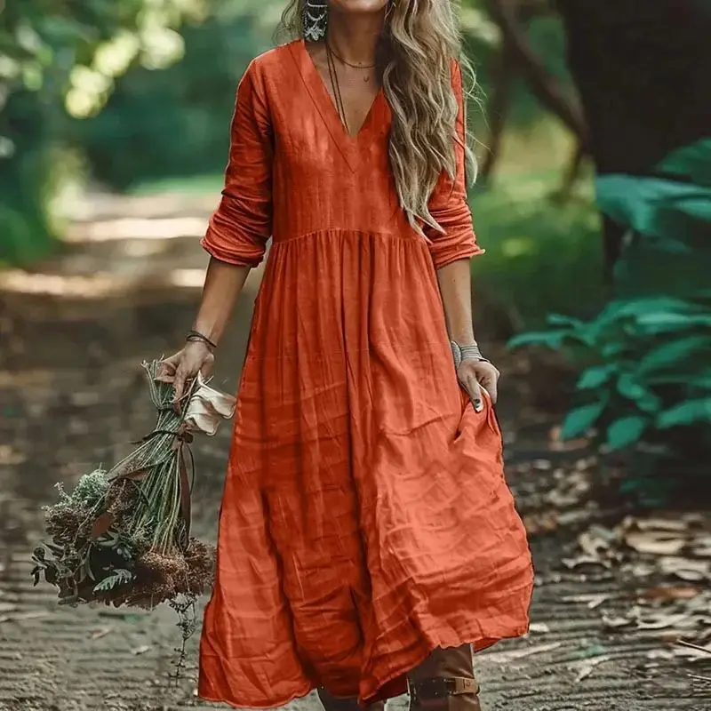 Women Dresses 2026 new cotton linen extremely popular solid color v neck fold long dresses women's clothing vestidoes